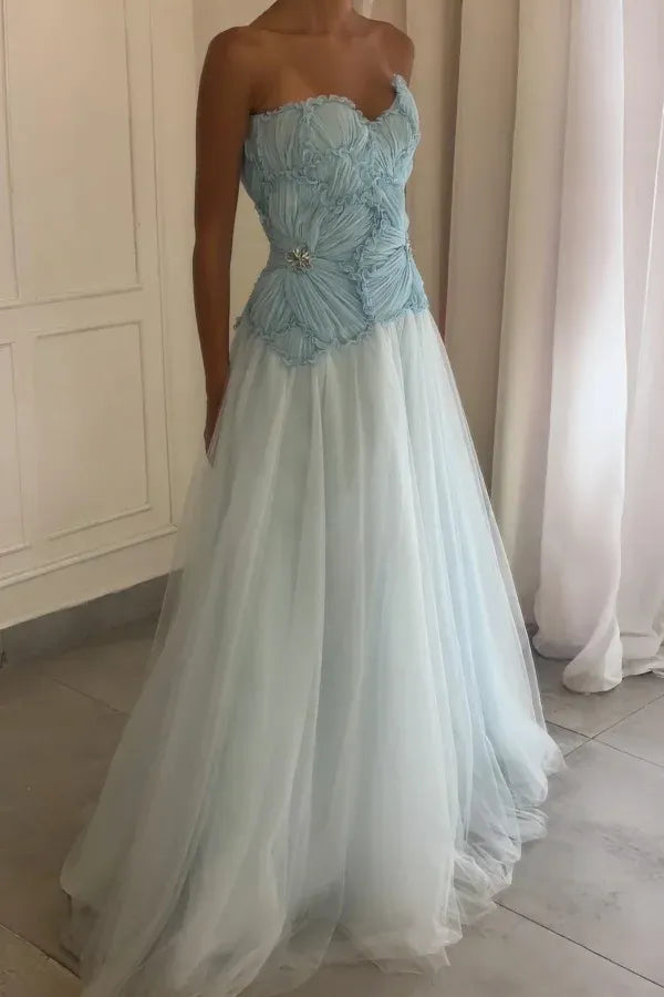 Strapless Sweetheart Ruffle Beaded A-Line Ball Gown