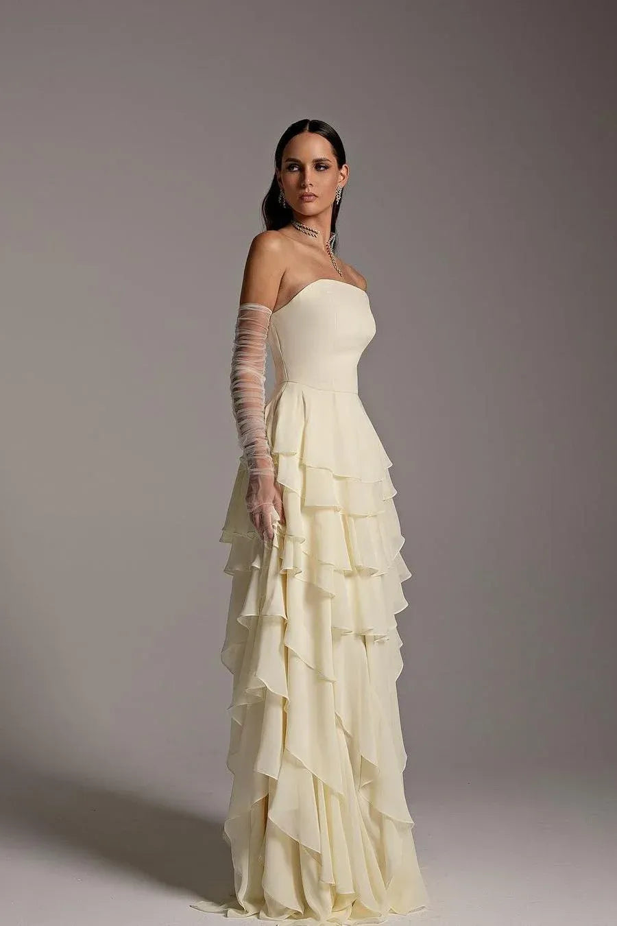 Strapless Sweetheart Tiered Ruffle A-Line Maxi Dress