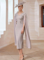Taupe V-Neck Sheath Midi Mother of the Bride Dress with Cape Sleeves and Floral Embroidery