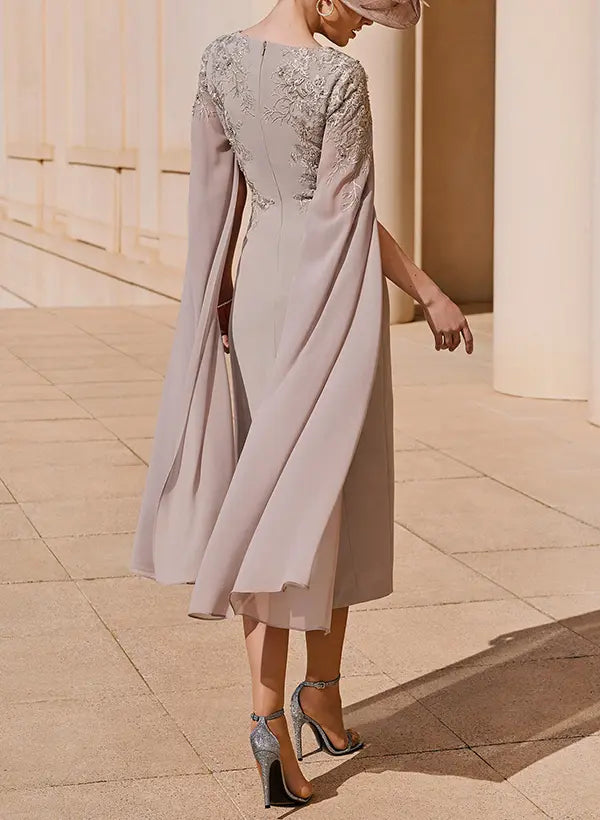 Taupe V-Neck Sheath Midi Mother of the Bride Dress with Cape Sleeves and Floral Embroidery