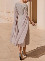 Taupe V-Neck Sheath Midi Mother of the Bride Dress with Cape Sleeves and Floral Embroidery