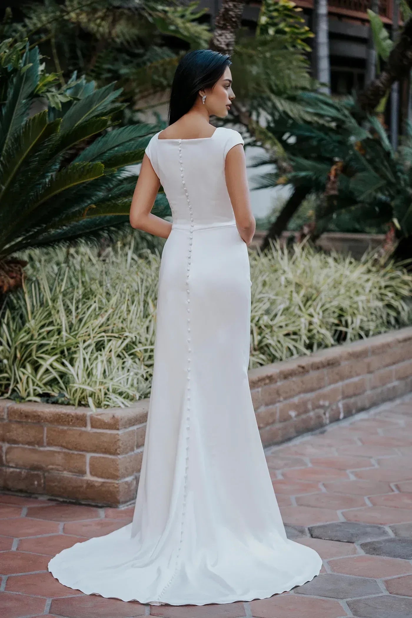 Elegant Trumpet Square Neck Cap Sleeve Button Back Floor Length Wedding Dress