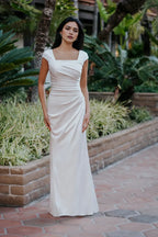 Elegant Trumpet Square Neck Cap Sleeve Button Back Floor Length Wedding Dress