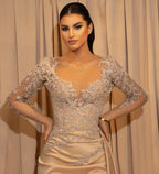 V-Neck Applique Long Sleeve High Slit Mermaid Maxi Dress with Train