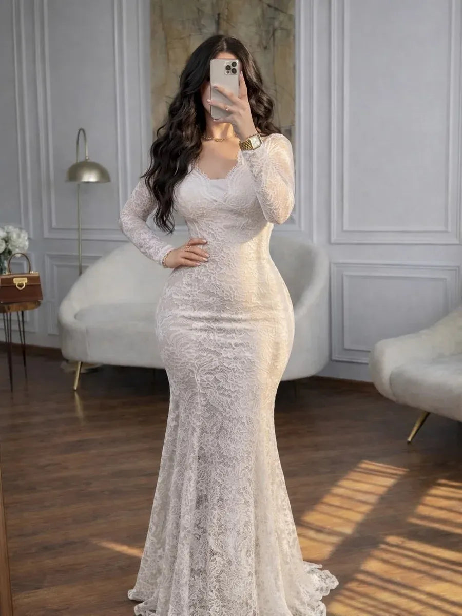 V-Neck Long Sleeve Ruched Mermaid Wedding Dress