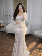 V-Neck Long Sleeve Ruched Mermaid Wedding Dress