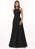 Elegant chiffon a line halter neck sleeveless keyhole back floor length bridesmaid dress with ruched waist