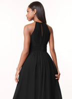 Elegant chiffon a line halter neck sleeveless keyhole back floor length bridesmaid dress with ruched waist