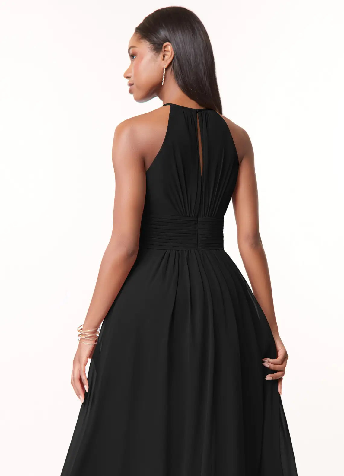 Elegant chiffon a line halter neck sleeveless keyhole back floor length bridesmaid dress with ruched waist
