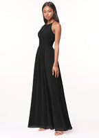 Elegant chiffon a line halter neck sleeveless keyhole back floor length bridesmaid dress with ruched waist