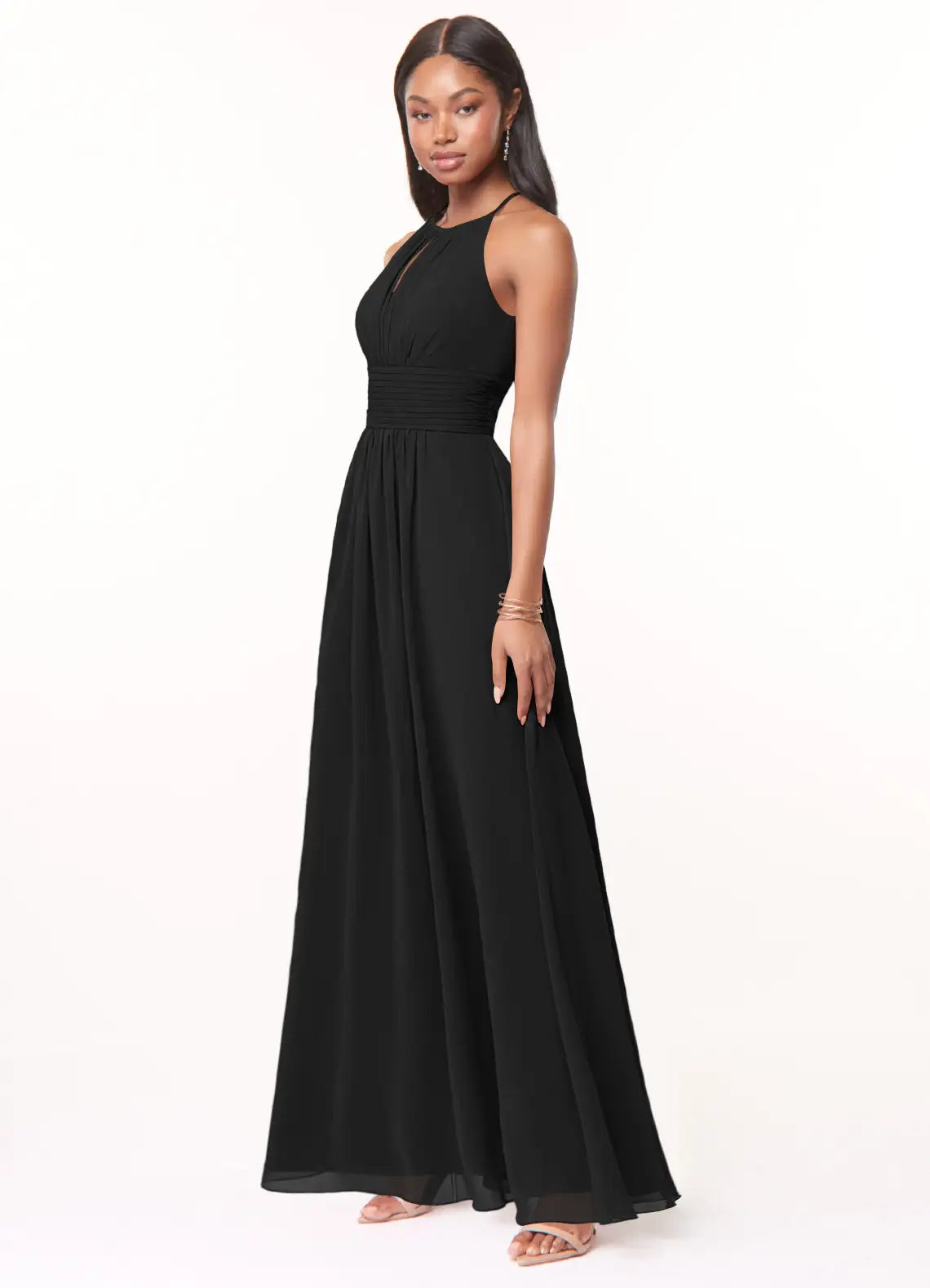 Elegant chiffon a line halter neck sleeveless keyhole back floor length bridesmaid dress with ruched waist