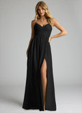 Elegant chiffon empire waist v-neck spaghetti strap open back floor length bridesmaid dress with high slit