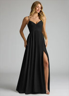 Elegant chiffon empire waist v-neck spaghetti strap open back floor length bridesmaid dress with high slit