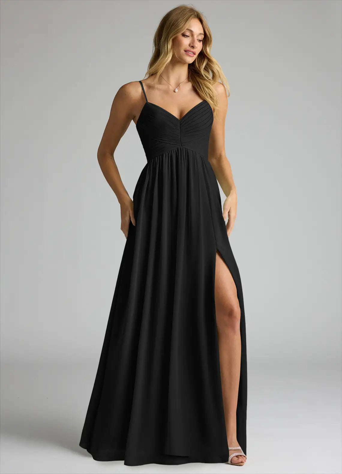 Elegant chiffon empire waist v-neck spaghetti strap open back floor length bridesmaid dress with high slit