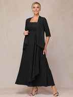 2 Pieces Square Neck Short Sleeve Ankle-Length Mother of the Bride Dress
