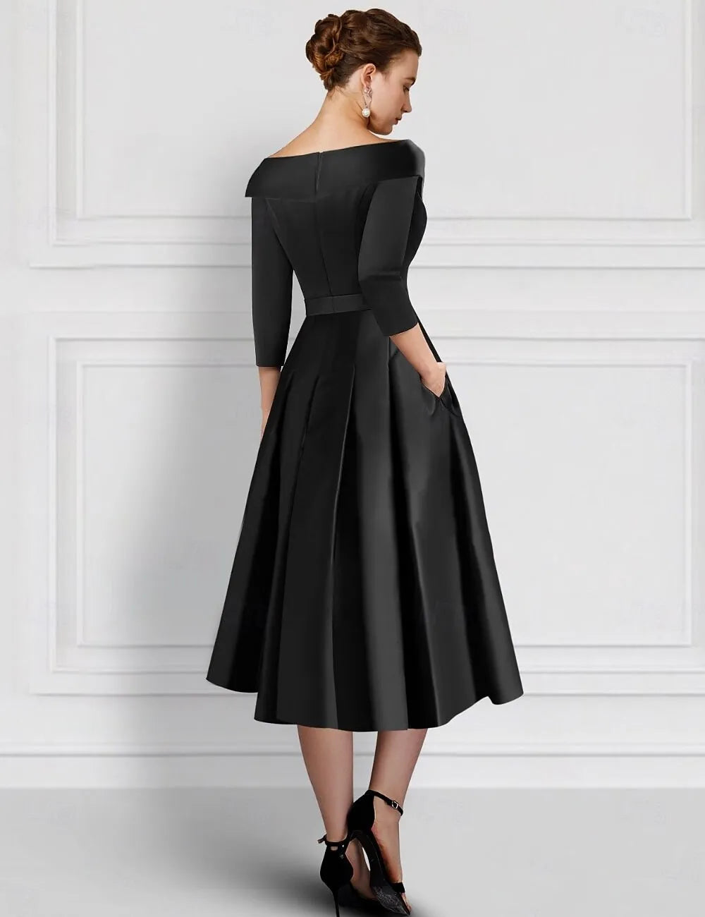 A-Line 3/4 Length Sleeve Shirt Collar Appliques Tea-Length Mother of the Bride Dress