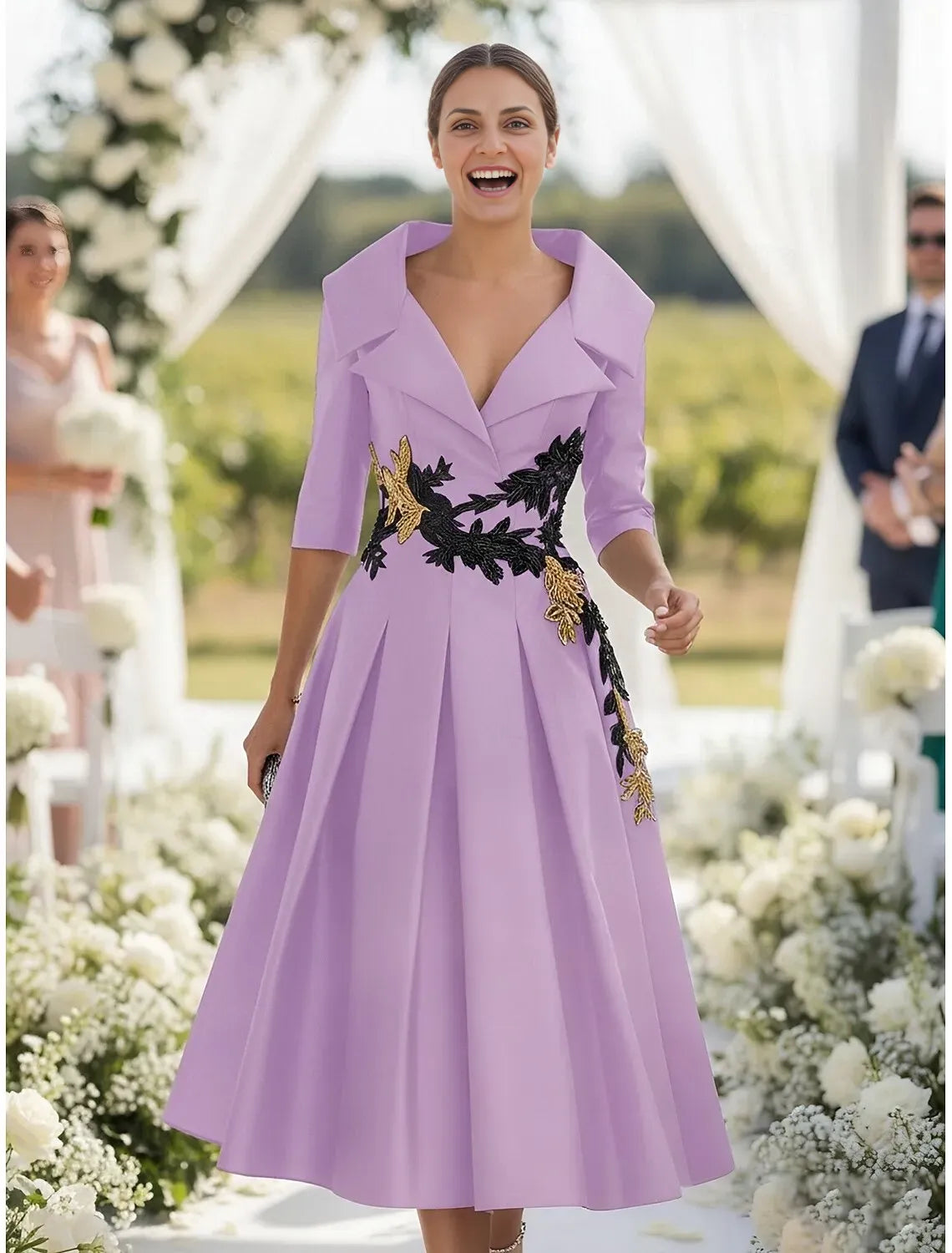 A-Line 3/4 Length Sleeve Shirt Collar Appliques Tea-Length Mother of the Bride Dress