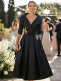 A-Line 3/4 Length Sleeve Shirt Collar Appliques Tea-Length Mother of the Bride Dress