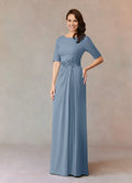 A-Line Boat Neck Cap Sleeve Back Zip Floor-Length Mother of the Bride Dress