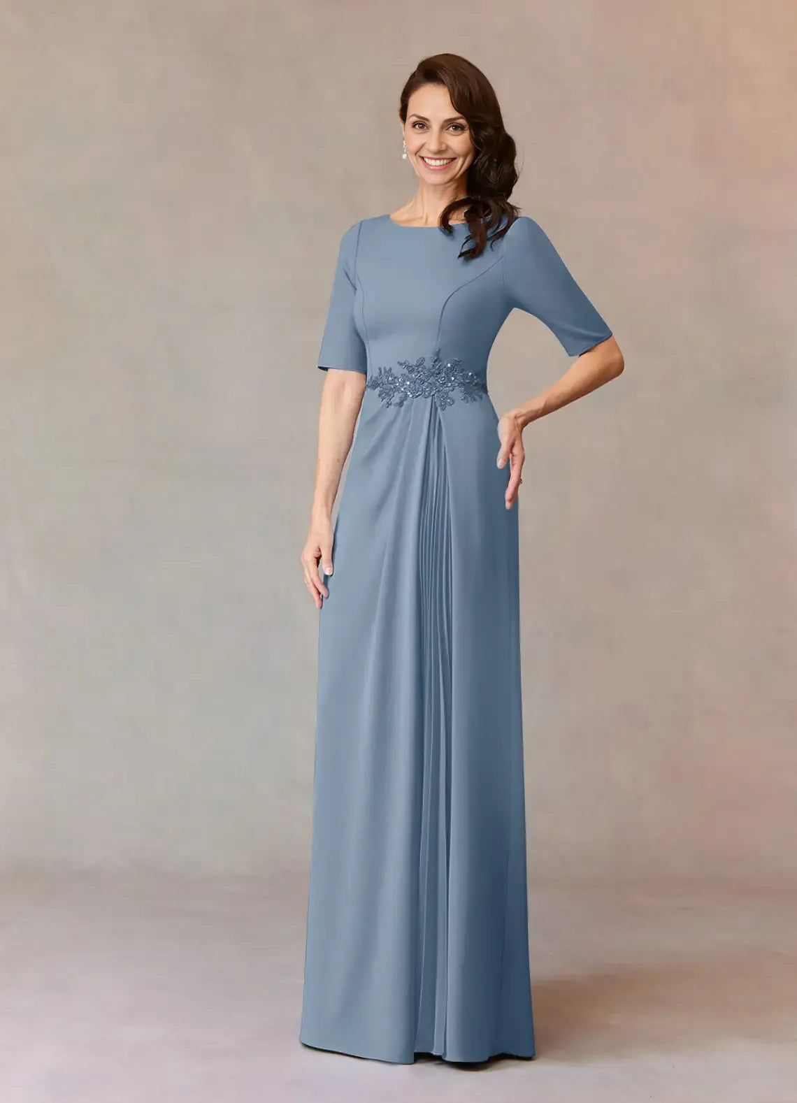A-Line Boat Neck Cap Sleeve Back Zip Floor-Length Mother of the Bride Dress