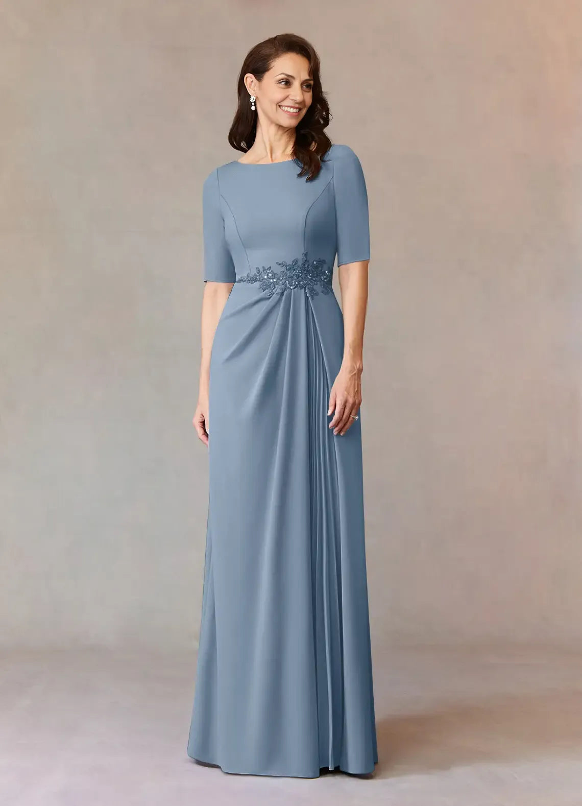 A-Line Boat Neck Cap Sleeve Back Zip Floor-Length Mother of the Bride Dress