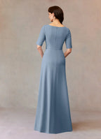 A-Line Boat Neck Cap Sleeve Back Zip Floor-Length Mother of the Bride Dress