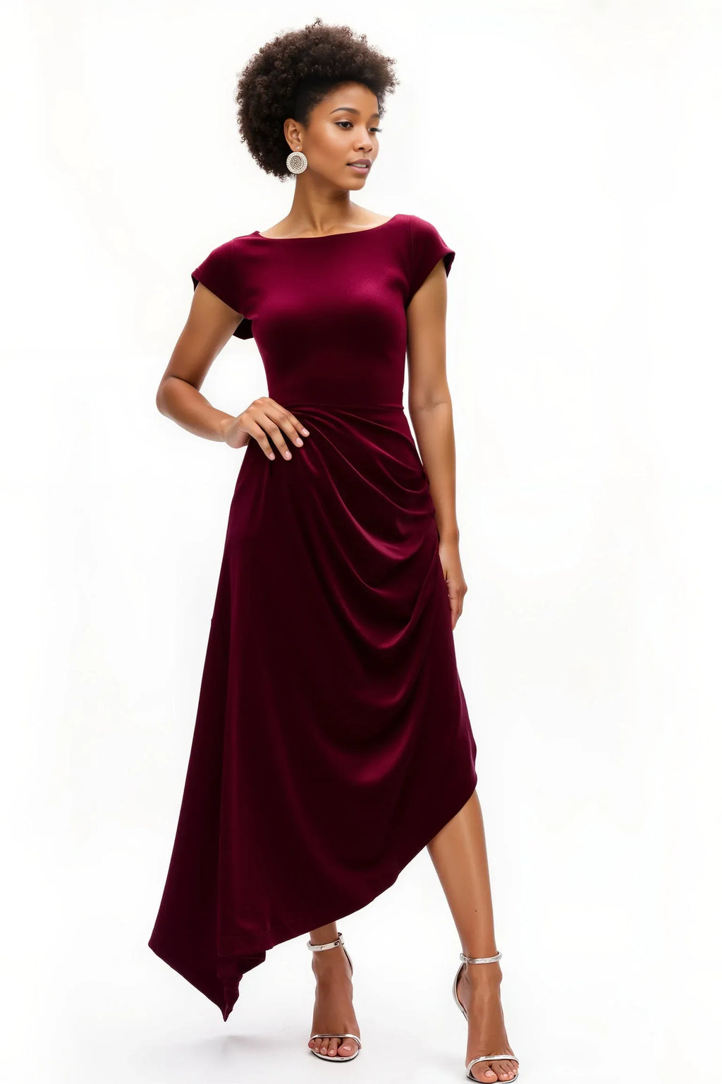 A-Line Boat Neck Cap Sleeve Asymmetrical-Length Prom Dress