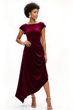 A-Line Boat Neck Cap Sleeve Asymmetrical-Length Prom Dress