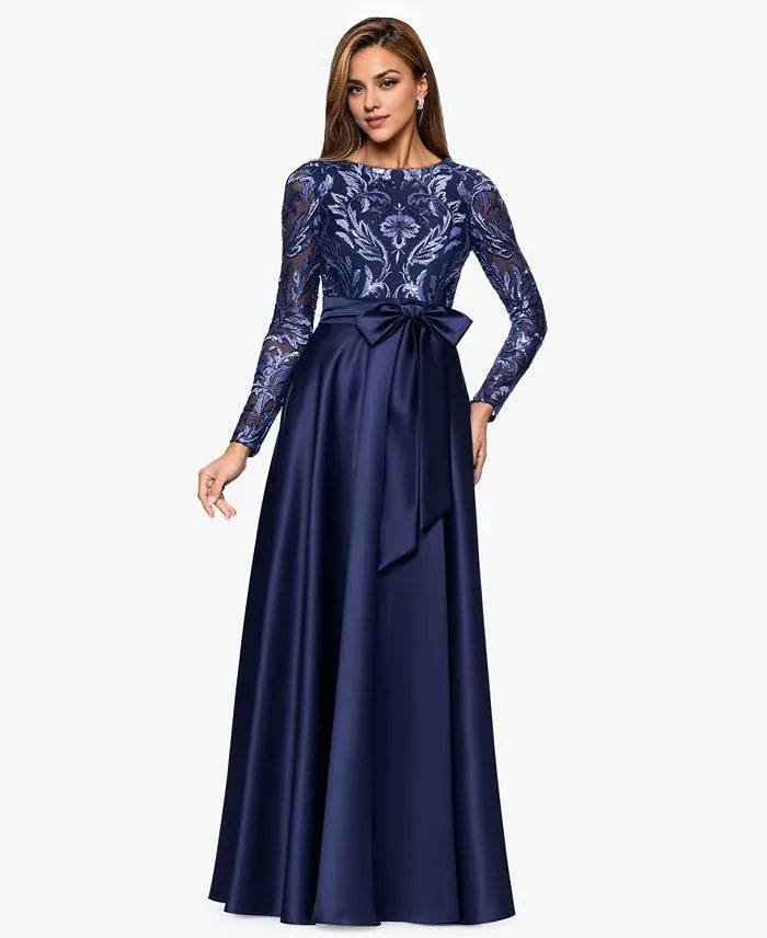 A-Line Boat Neck Long Sleeve Appliques Floor-Length Prom Dress