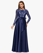 A-Line Boat Neck Long Sleeve Appliques Floor-Length Prom Dress