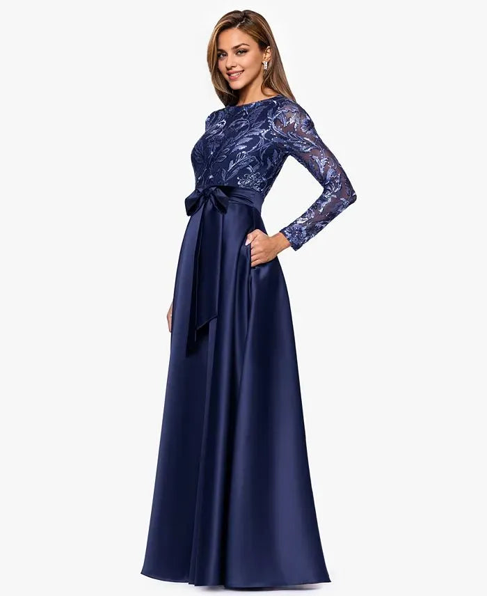A-Line Boat Neck Long Sleeve Appliques Floor-Length Prom Dress