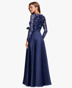 A-Line Boat Neck Long Sleeve Appliques Floor-Length Prom Dress