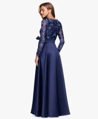 A-Line Boat Neck Long Sleeve Appliques Floor-Length Prom Dress