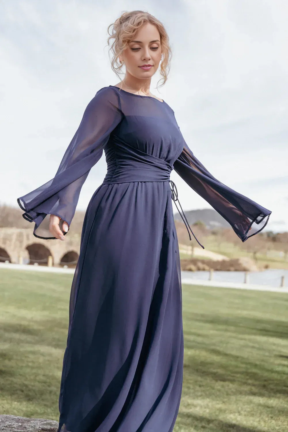 A-Line Boat Neck Long Sleeve Keyhole Floor-Length Mother of the Bride Dress