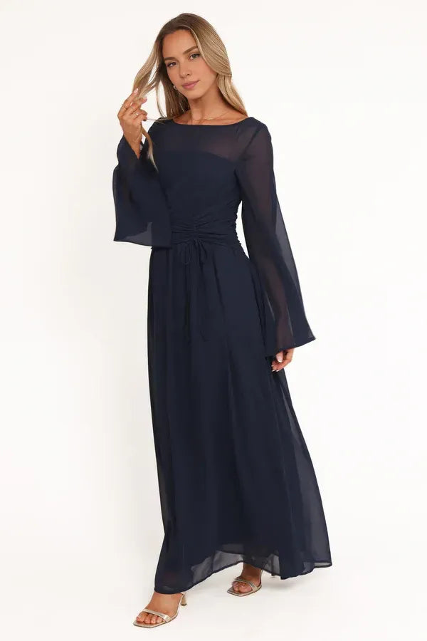 A-Line Boat Neck Long Sleeve Keyhole Floor-Length Mother of the Bride Dress