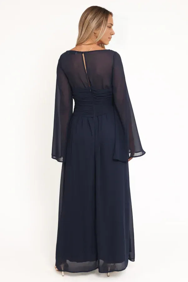 A-Line Boat Neck Long Sleeve Keyhole Floor-Length Mother of the Bride Dress