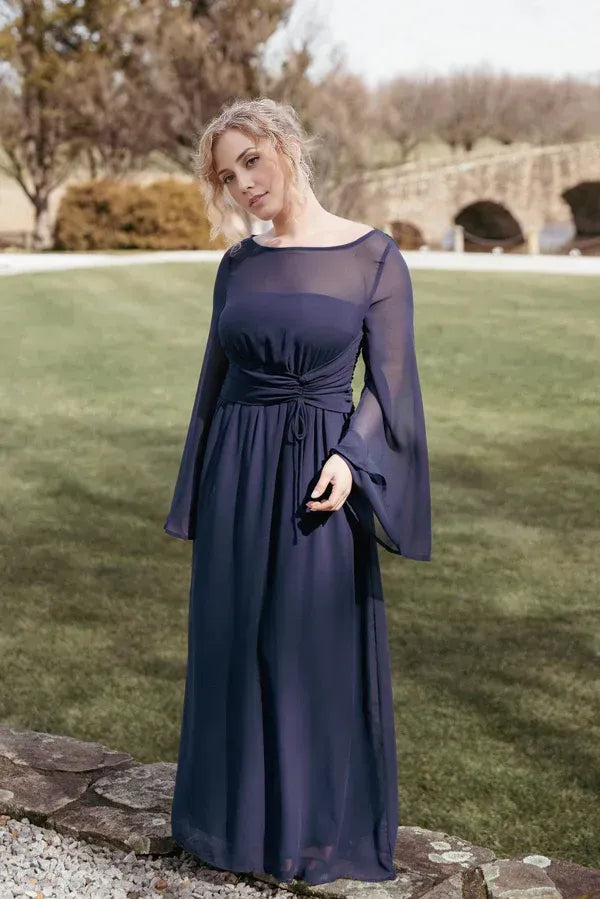 A-Line Boat Neck Long Sleeve Keyhole Floor-Length Mother of the Bride Dress