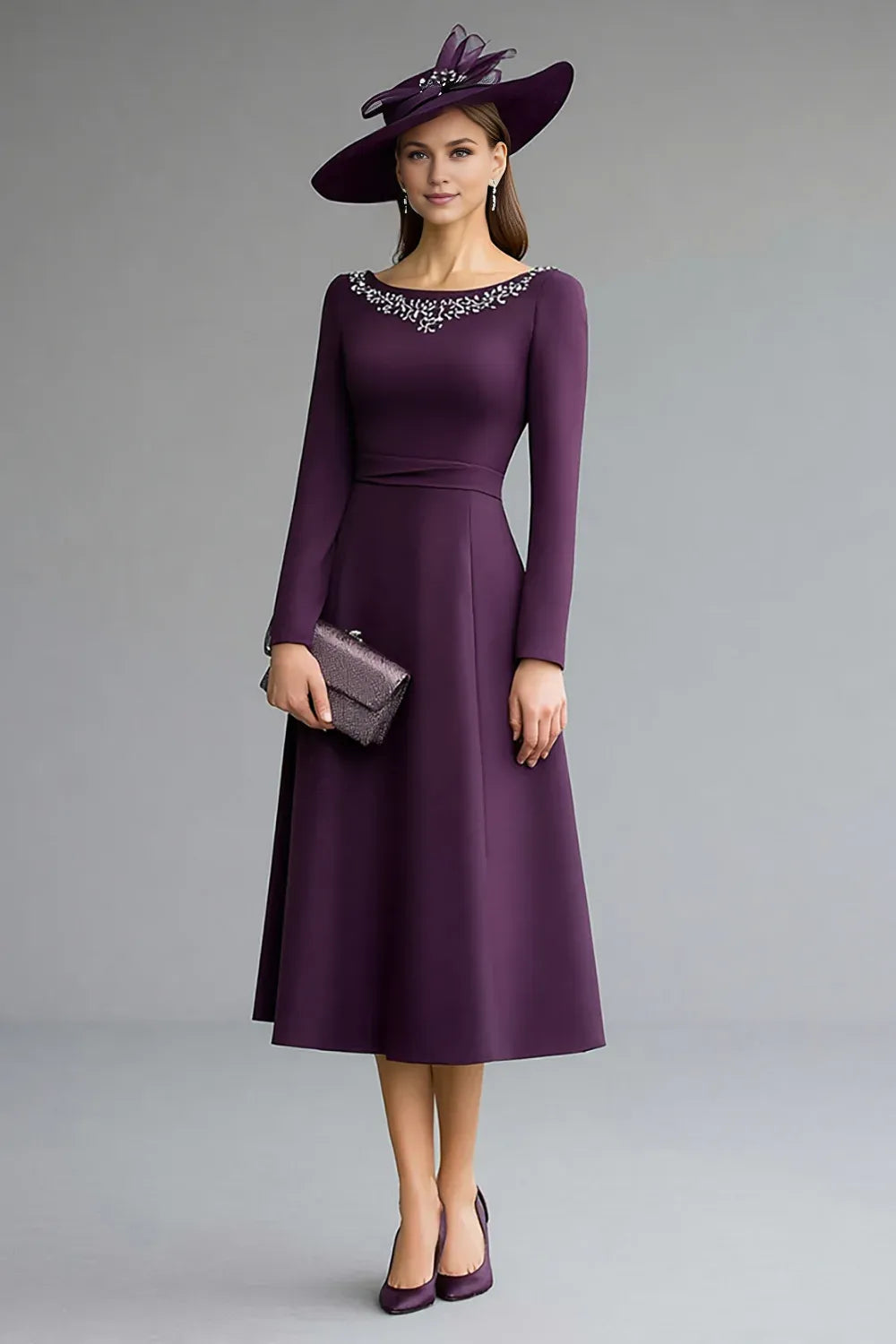 A-Line Boat Neck Long Sleeve V Back Tea-Length Mother of the Bride Dress