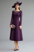 A-Line Boat Neck Long Sleeve V Back Tea-Length Mother of the Bride Dress