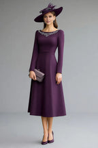 A-Line Boat Neck Long Sleeve V Back Tea-Length Mother of the Bride Dress