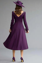 A-Line Boat Neck Long Sleeve V Back Tea-Length Mother of the Bride Dress