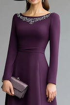 A-Line Boat Neck Long Sleeve V Back Tea-Length Mother of the Bride Dress