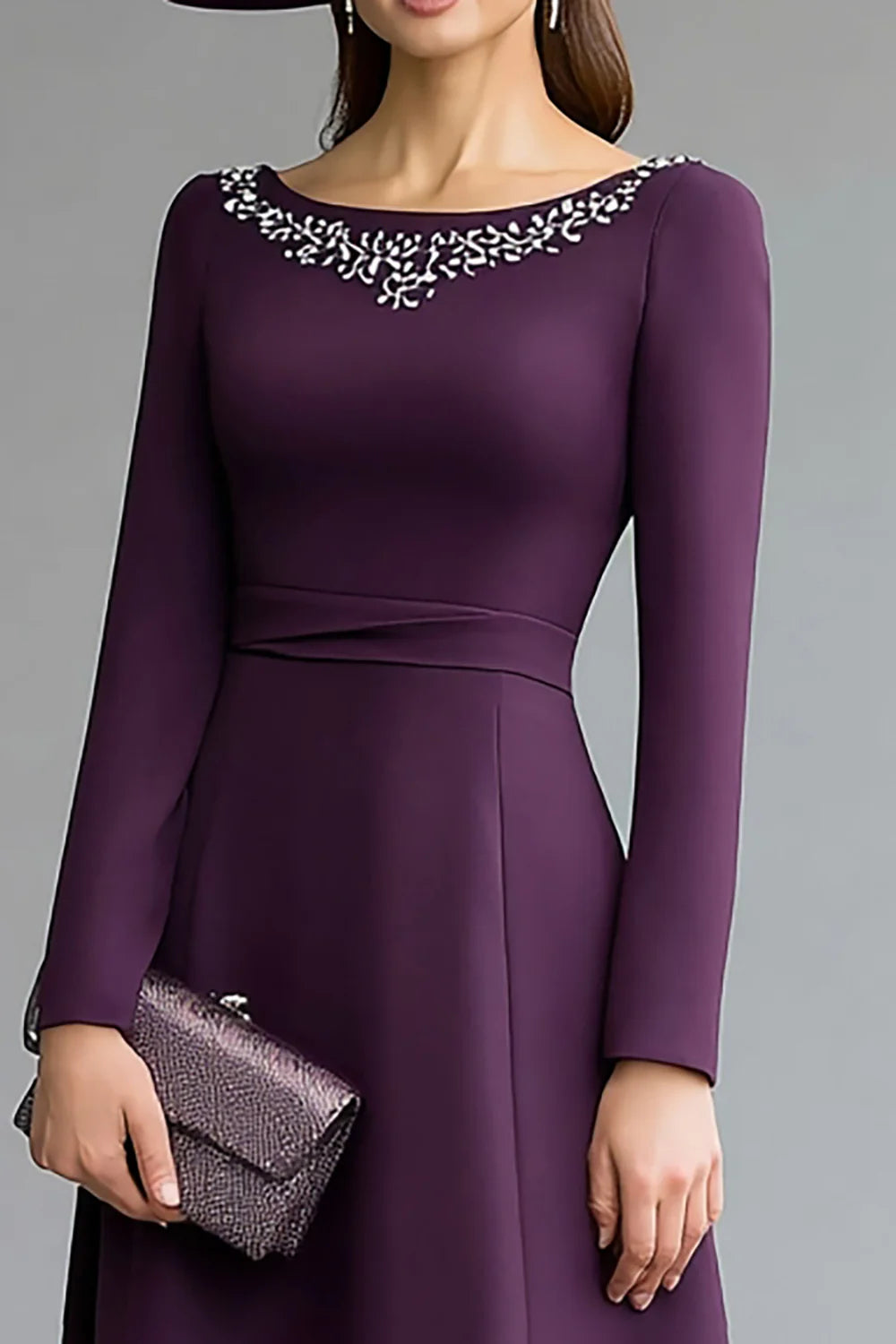 A-Line Boat Neck Long Sleeve V Back Tea-Length Mother of the Bride Dress
