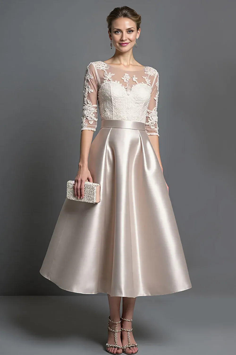 A-Line Boat Neck Long Sleeve Zipper Up Tea-Length Mother of the Bride Dress