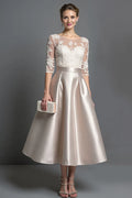 A-Line Boat Neck Long Sleeve Zipper Up Tea-Length Mother of the Bride Dress