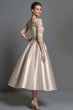 A-Line Boat Neck Long Sleeve Zipper Up Tea-Length Mother of the Bride Dress