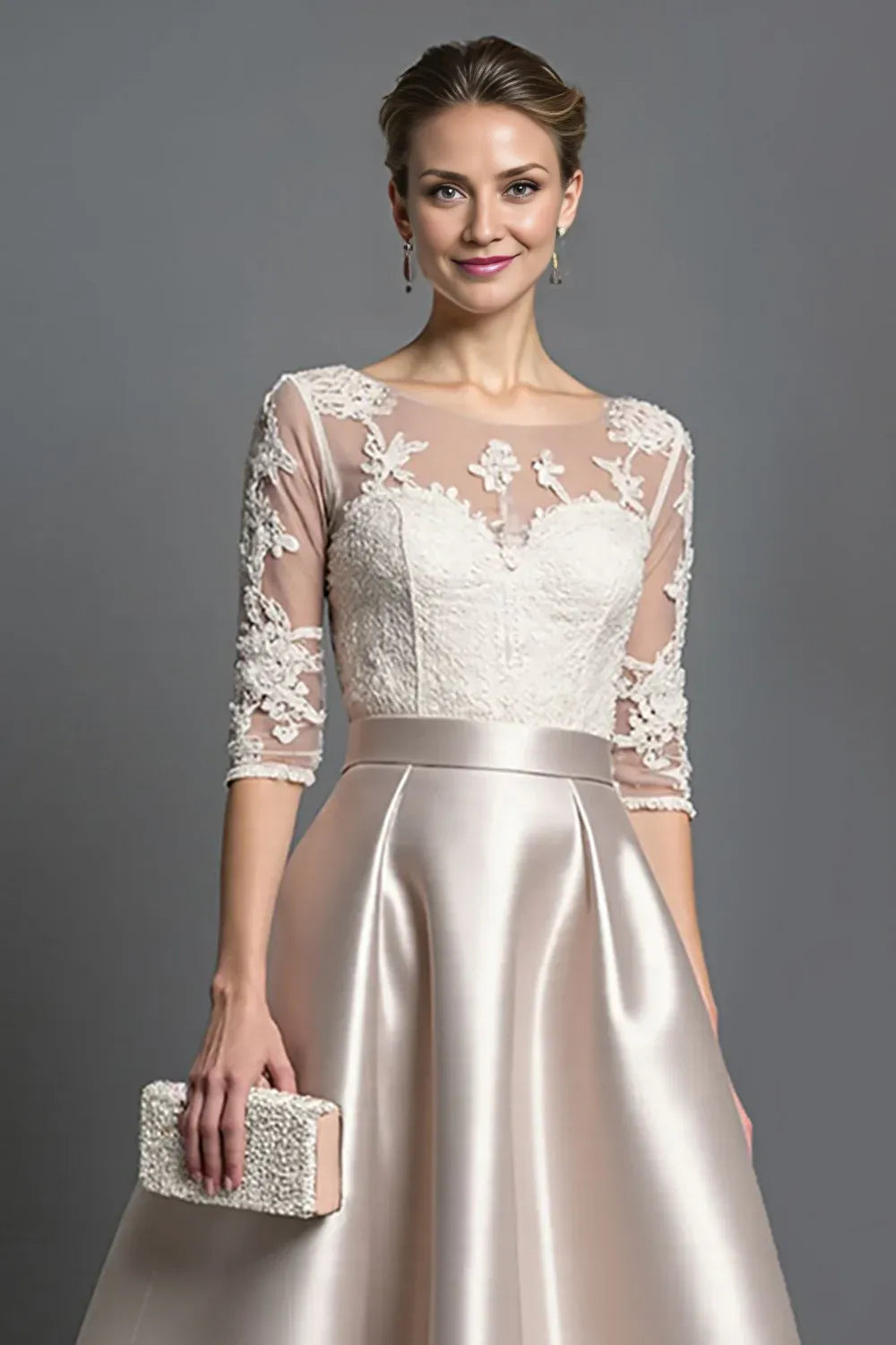 A-Line Boat Neck Long Sleeve Zipper Up Tea-Length Mother of the Bride Dress