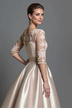 A-Line Boat Neck Long Sleeve Zipper Up Tea-Length Mother of the Bride Dress