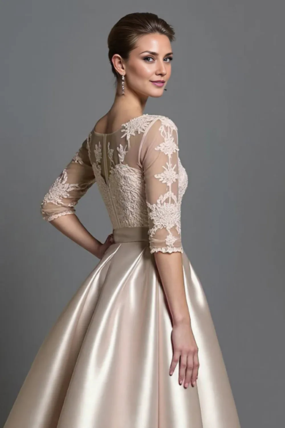 A-Line Boat Neck Long Sleeve Zipper Up Tea-Length Mother of the Bride Dress