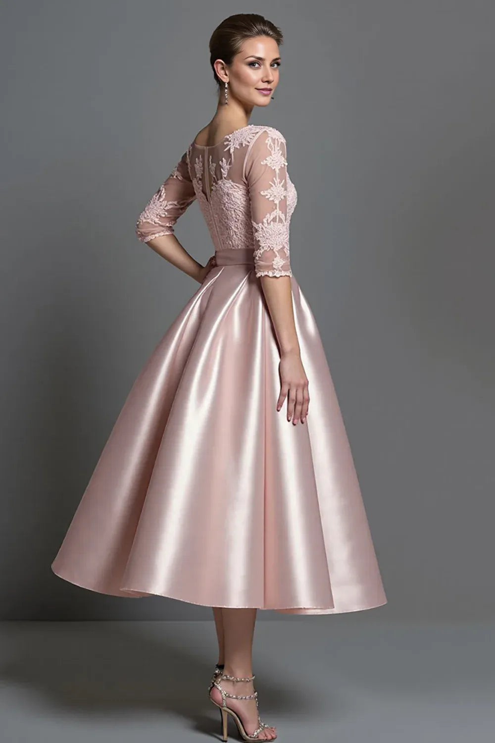 A-Line Boat Neck Long Sleeve Zipper Up Tea-Length Mother of the Bride Dress